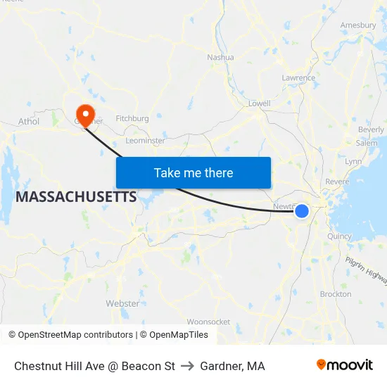Chestnut Hill Ave @ Beacon St to Gardner, MA map