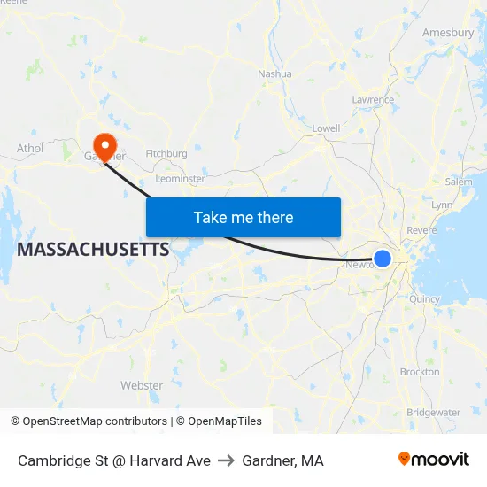 Cambridge St @ Harvard Ave to Gardner, MA map