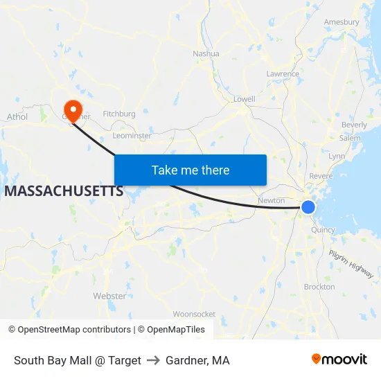 South Bay Mall @ Target to Gardner, MA map
