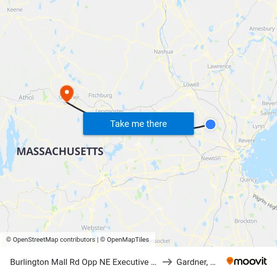 Burlington Mall Rd Opp NE Executive Pk to Gardner, MA map