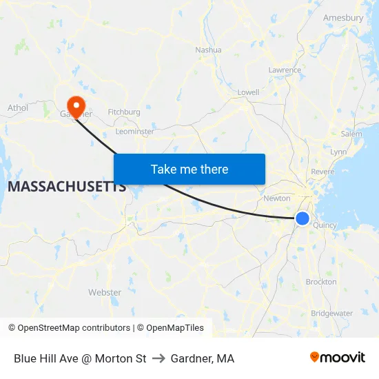 Blue Hill Ave @ Morton St to Gardner, MA map
