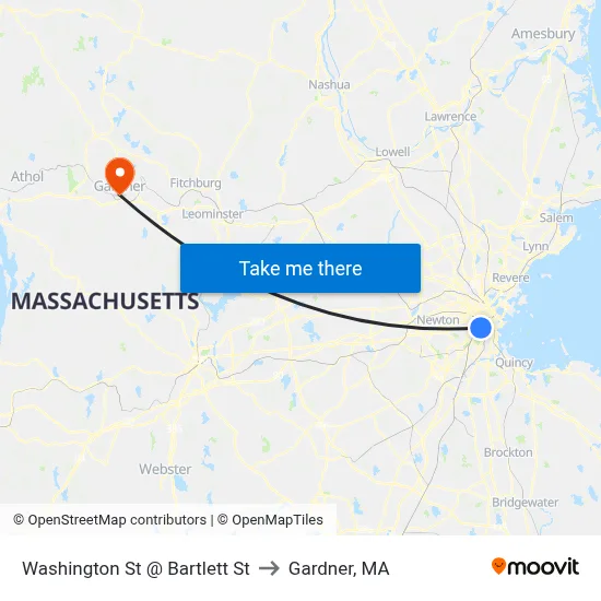 Washington St @ Bartlett St to Gardner, MA map