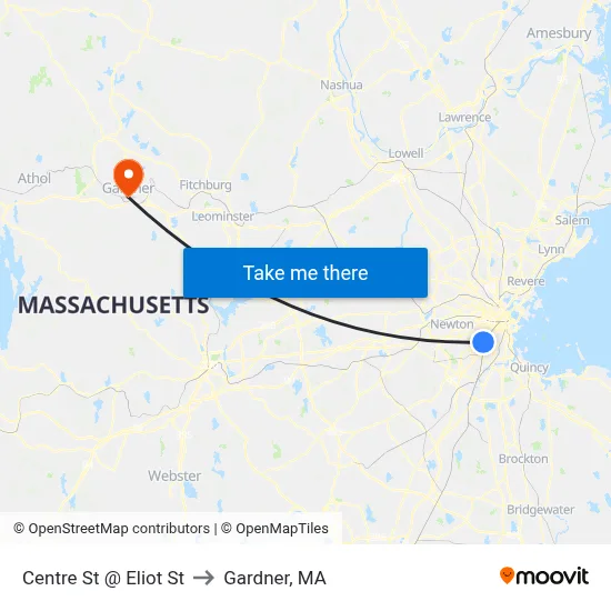 Centre St @ Eliot St to Gardner, MA map