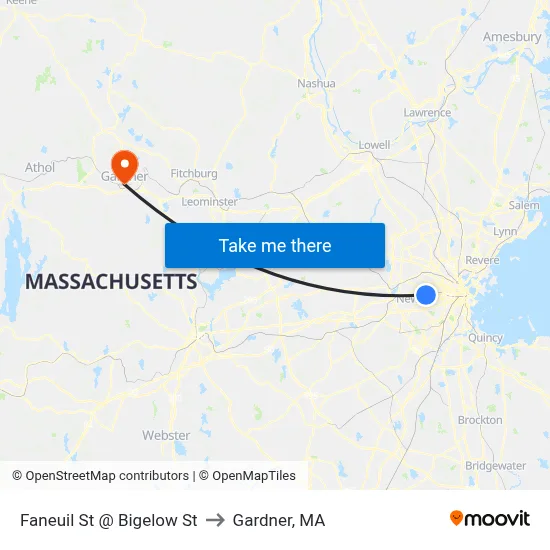 Faneuil St @ Bigelow St to Gardner, MA map