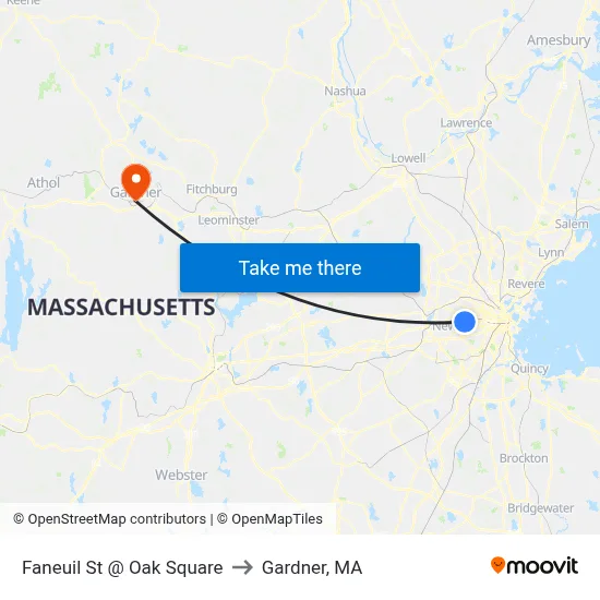 Faneuil St @ Oak Square to Gardner, MA map