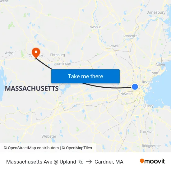 Massachusetts Ave @ Upland Rd to Gardner, MA map