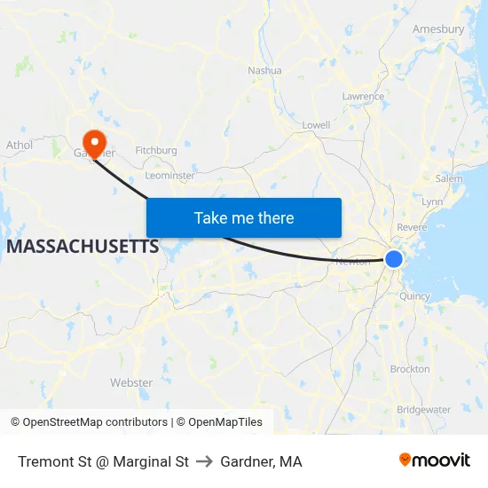 Tremont St @ Marginal St to Gardner, MA map
