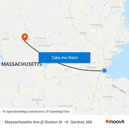 Massachusetts Ave @ Boston St to Gardner, MA map