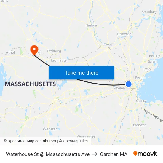 Waterhouse St @ Massachusetts Ave to Gardner, MA map
