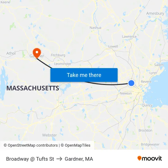 Broadway @ Tufts St to Gardner, MA map