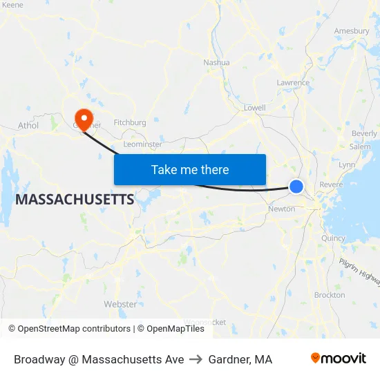 Broadway @ Massachusetts Ave to Gardner, MA map