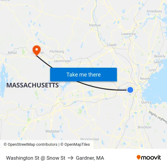 Washington St @ Snow St to Gardner, MA map