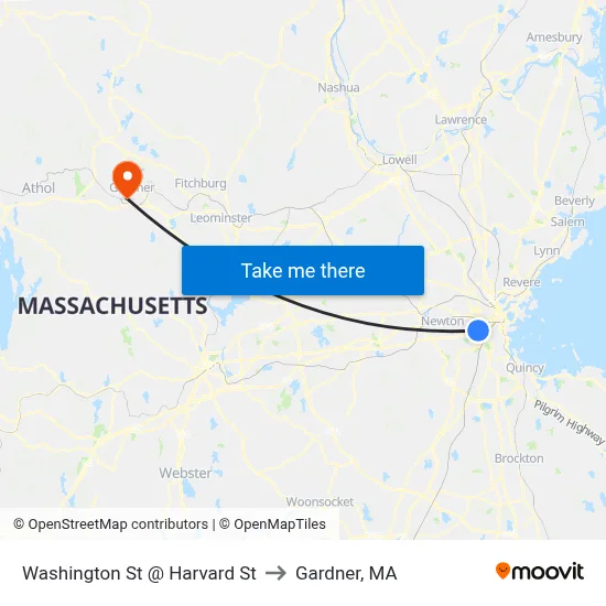 Washington St @ Harvard St to Gardner, MA map