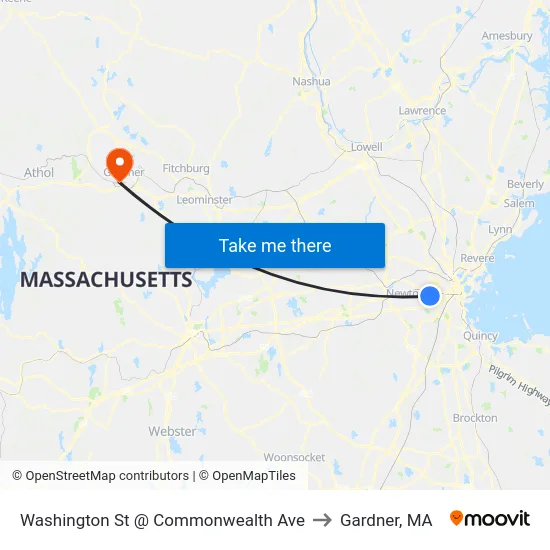 Washington St @ Commonwealth Ave to Gardner, MA map
