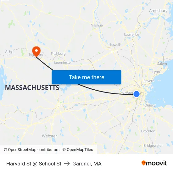 Harvard St @ School St to Gardner, MA map