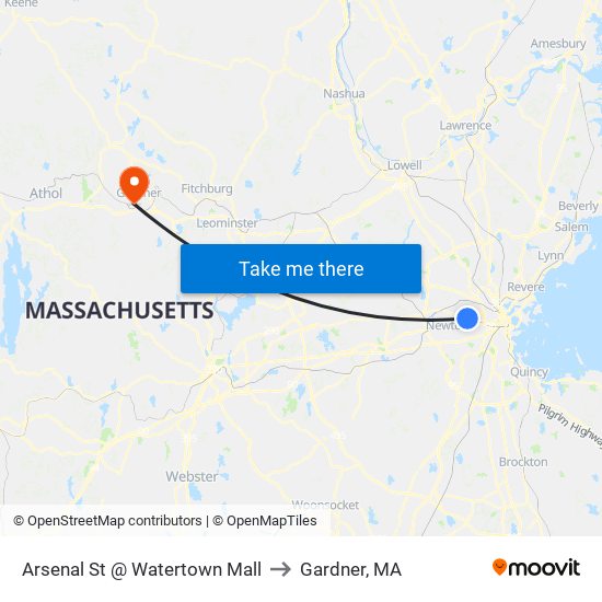 Arsenal St @ Watertown Mall to Gardner, MA map