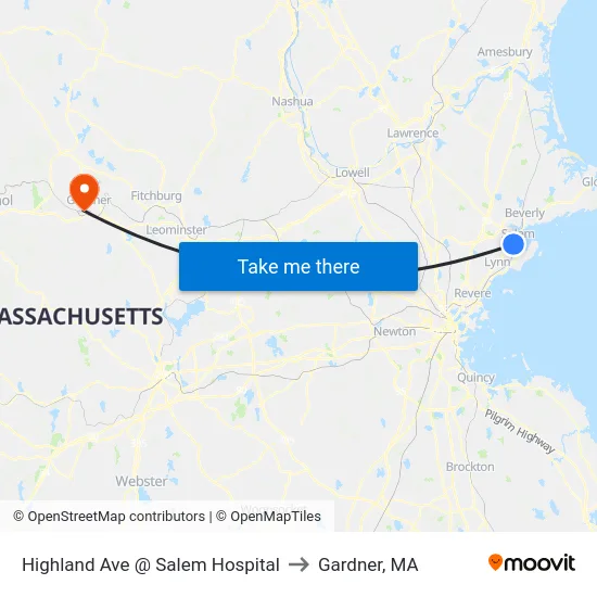 Highland Ave @ Salem Hospital to Gardner, MA map