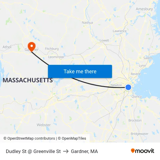 Dudley St @ Greenville St to Gardner, MA map