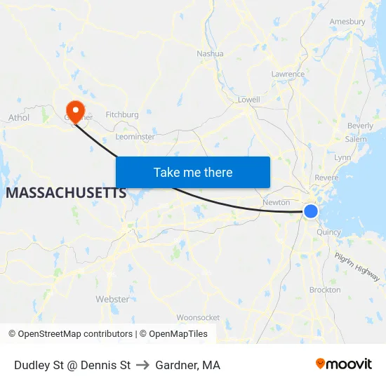 Dudley St @ Dennis St to Gardner, MA map