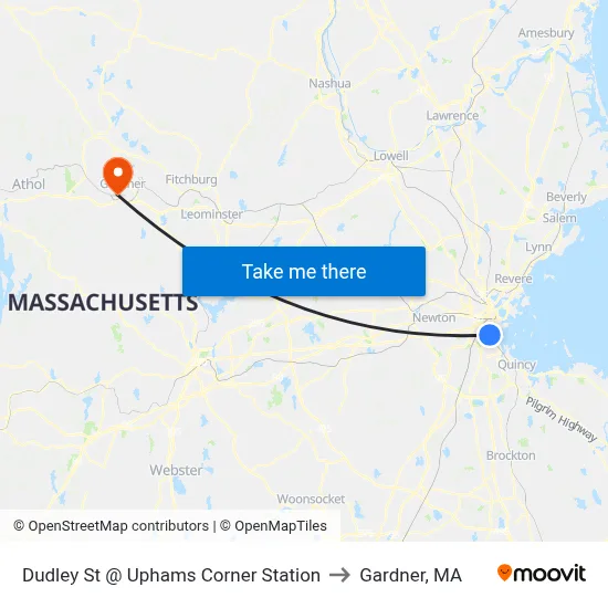 Dudley St @ Uphams Corner Station to Gardner, MA map
