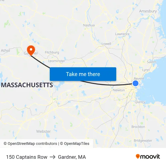 150 Captains Row to Gardner, MA map