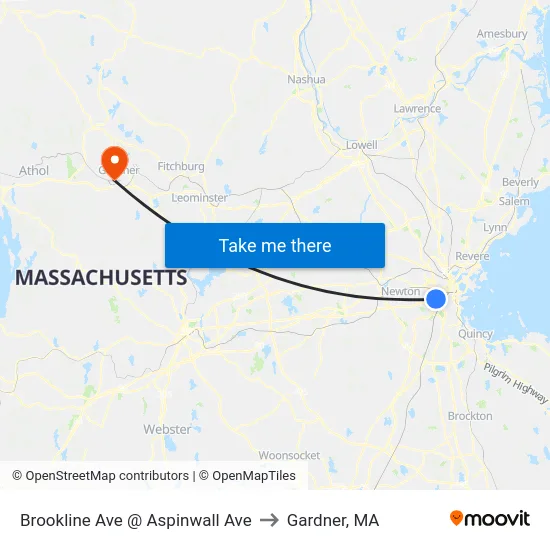 Brookline Ave @ Aspinwall Ave to Gardner, MA map