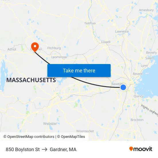 850 Boylston St to Gardner, MA map