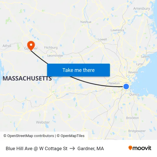 Blue Hill Ave @ W Cottage St to Gardner, MA map