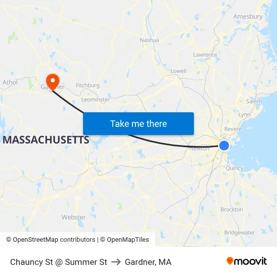 Chauncy St @ Summer St to Gardner, MA map