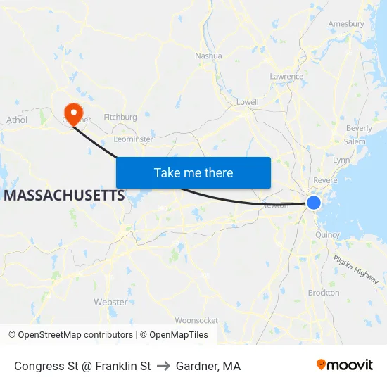 Congress St @ Franklin St to Gardner, MA map