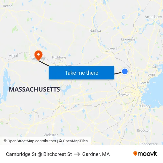 Cambridge St @ Birchcrest St to Gardner, MA map