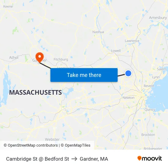 Cambridge St @ Bedford St to Gardner, MA map