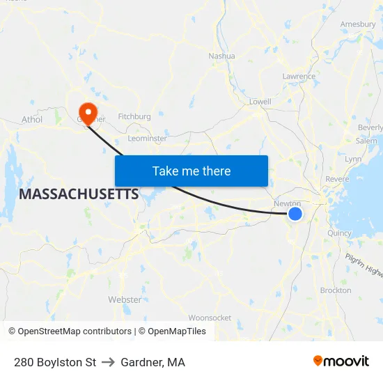 280 Boylston St to Gardner, MA map