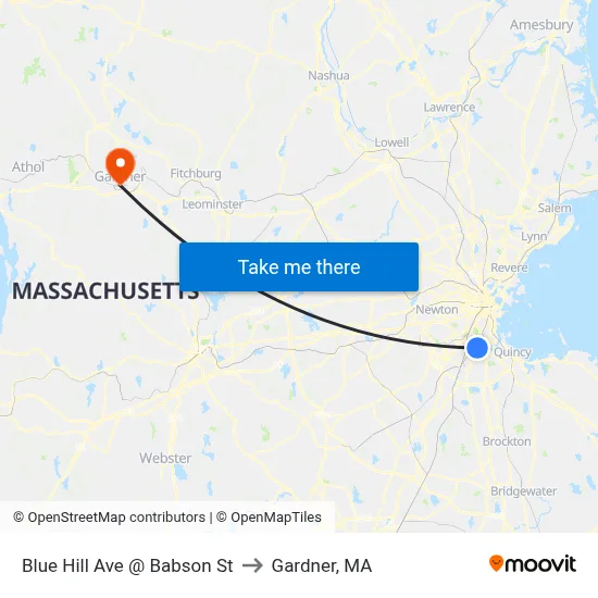 Blue Hill Ave @ Babson St to Gardner, MA map