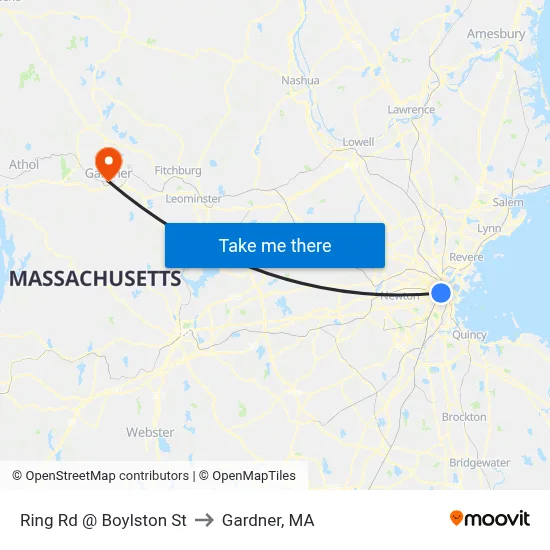 Ring Rd @ Boylston St to Gardner, MA map