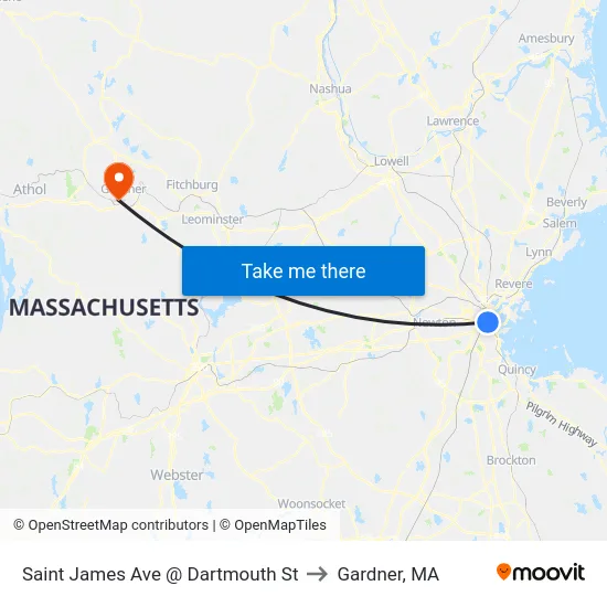 Saint James Ave @ Dartmouth St to Gardner, MA map