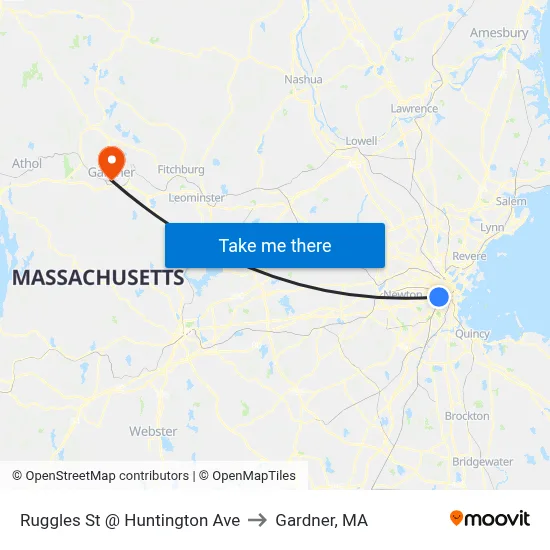 Ruggles St @ Huntington Ave to Gardner, MA map
