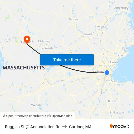 Ruggles St @ Annunciation Rd to Gardner, MA map