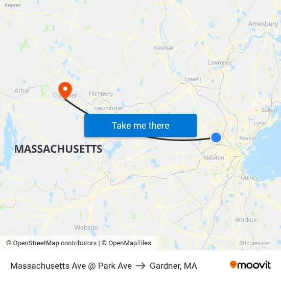 Massachusetts Ave @ Park Ave to Gardner, MA map