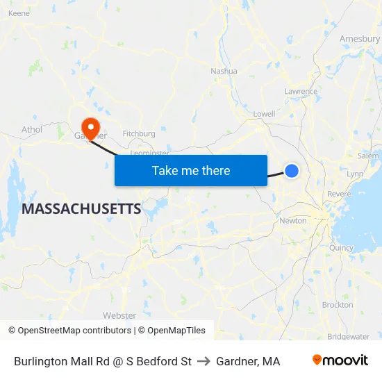 Burlington Mall Rd @ S Bedford St to Gardner, MA map