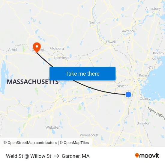 Weld St @ Willow St to Gardner, MA map