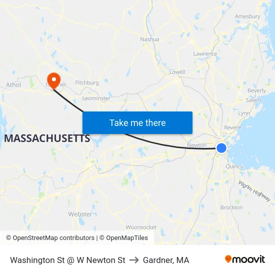 Washington St @ W Newton St to Gardner, MA map
