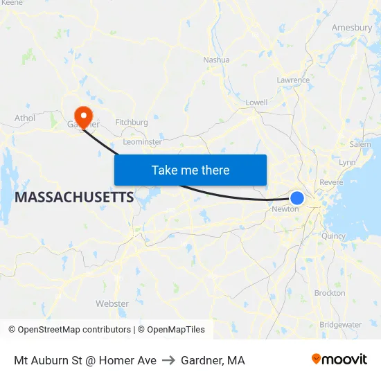 Mt Auburn St @ Homer Ave to Gardner, MA map