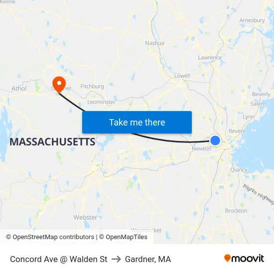 Concord Ave @ Walden St to Gardner, MA map