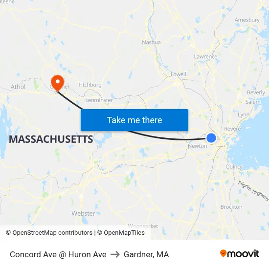 Concord Ave @ Huron Ave to Gardner, MA map