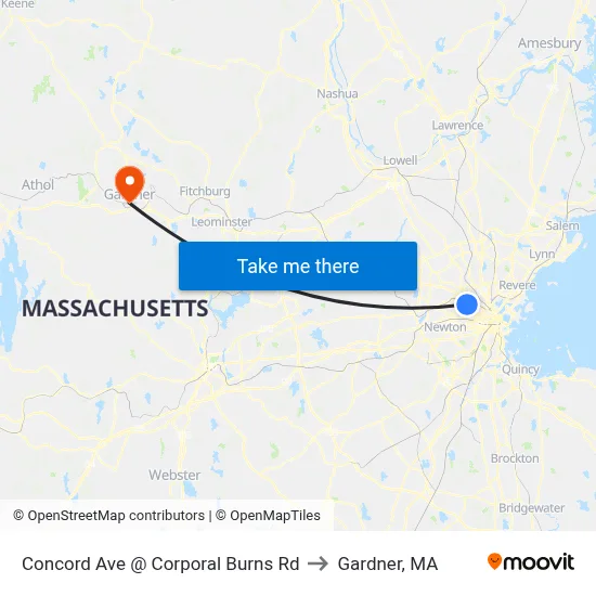 Concord Ave @ Corporal Burns Rd to Gardner, MA map