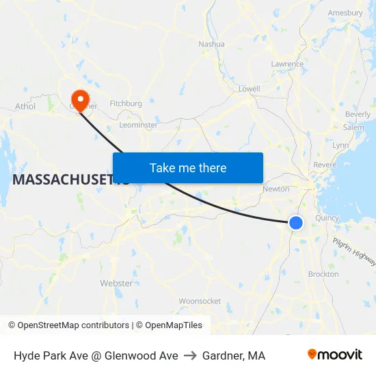 Hyde Park Ave @ Glenwood Ave to Gardner, MA map