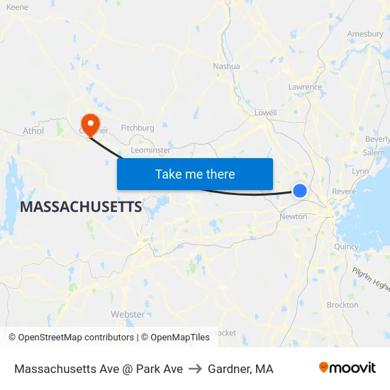 Massachusetts Ave @ Park Ave to Gardner, MA map