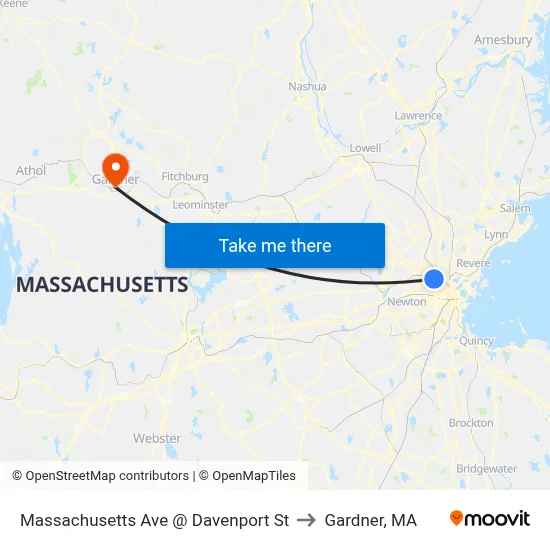 Massachusetts Ave @ Davenport St to Gardner, MA map