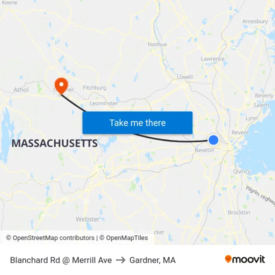 Blanchard Rd @ Merrill Ave to Gardner, MA map